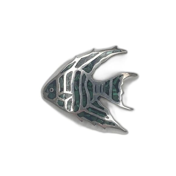 Vintage 925 Stamped Sterling Silver Green & Black Mexican Angel Fish Brooch - Picture 1 of 4